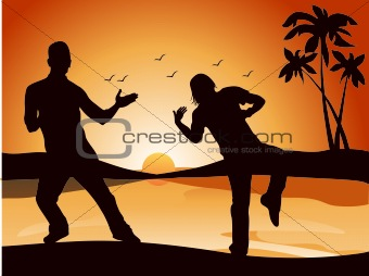 two male silhouette in yoga pose in palm tree and sunset theme