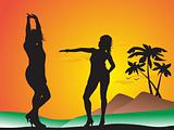 two silhouette sexy girl doing yoga in the evening with palm tree elements