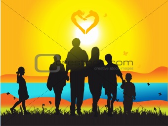 Happy family walks on nature, sunset