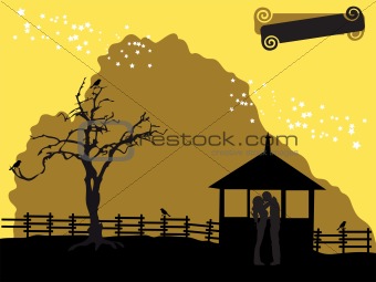 Nature silhouette, house, old tree