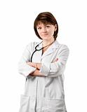 Femail nurse with stethoscope over white background