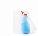 Window Cleaner and Paper Towels on White Background