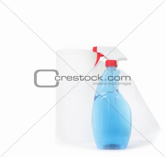 Window Cleaner and Paper Towels on White Background