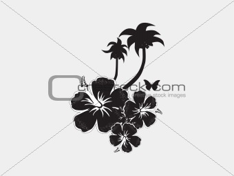 vector hibiscus flower with butterfly and tree