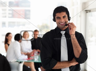 Man smiling on headset