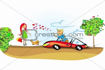 Love between man driving his sports car and a woman leading her 