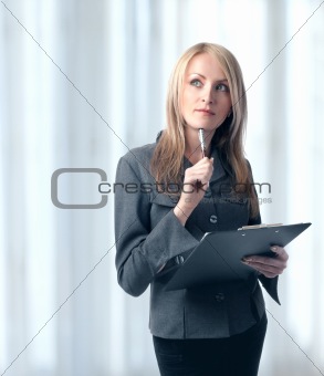 Woman with clipboard and pen, isolated