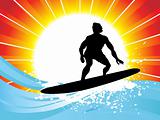 vector illustration of trendy surfer against sunset ocean background