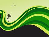surfing waves, palm trees on a beach