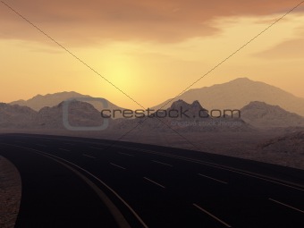 road and yellow sunset