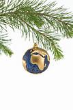 Blue and Gold Globe Christmas Ornament showing Europe and Africa