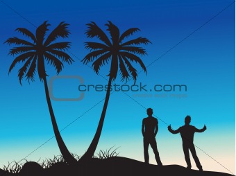 silhouette of two boys going to start yoga under the palm tree