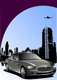 Cover for brochure with urban silhouette and car image. Vector i