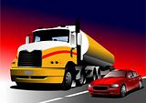 Car and truck on the road. Vector illustration