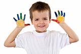 Happy boy with painted hands - isolated