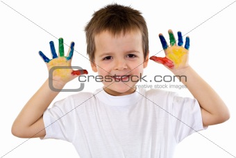 Happy boy with painted hands - isolated