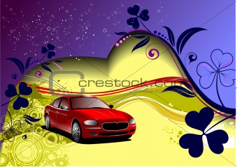 Grunge floral greeting wedding card with car image. Vector