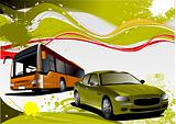 Green and Yellow grunge background with bus and car images. Vect