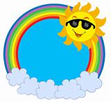 Cartoon Sun with sunglasses in raibow circle