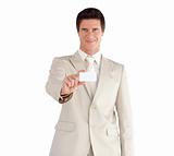 Businessman holding a business Card