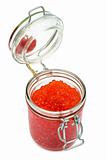 Red caviar in glass can