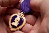 Man Holding Purple Heart War Medal in The Palm of His Hand.