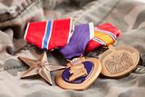 Bronze, Purple Heart and National Defense Medals on Camouflage Material.