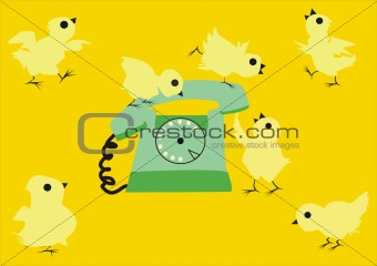 funny chickens are round a telephone