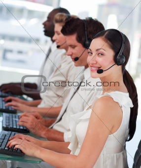 Attractive woman smiling on headset
