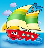 Cartoon sailing boat with sunset