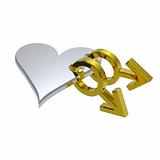 Gold gay sex symbol linked with silver heart.