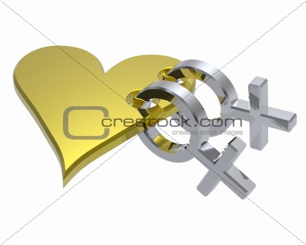 Two chrome female sex symbol with gold heart.