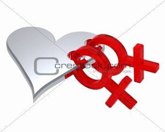Two red female sex symbol with chrome heart.
