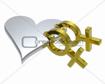Two gold female sex symbol with red heart.