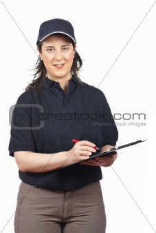 Smiling courier woman writing