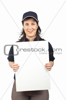 Courier woman holding the blank card