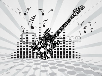 guitar with flying music tone and graph on gray background, wallpaper
