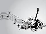 guitar with flying music tone on gray background, wallpaper