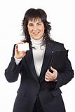 Business woman holding one blank card