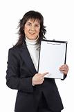Business woman showing a blank sheet