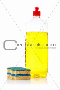Bottle of dish washing and sponges