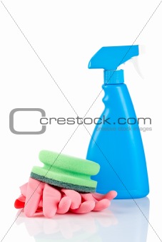 Detergent spray bottle, sponge and gloves