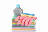 Detergent bottle, sponge and gloves