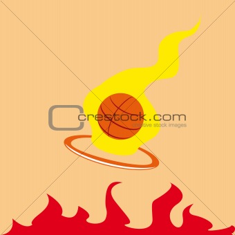 Basketball emblem with burning ball and tongues of flame