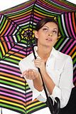 beautiful woman with colourful umbrella on white background