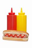 Hot dog with ketchup and mustard bottles