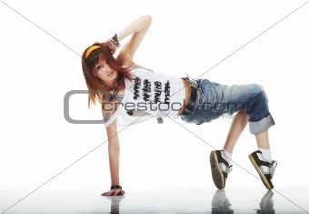 Cute Young woman dancing on white floor
