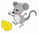 A happy cute looking grey cartoon mouse found some cheese