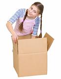 Girl rummages in a cardboard box