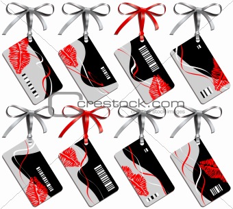 Collection from eight business cards with print lips and bows